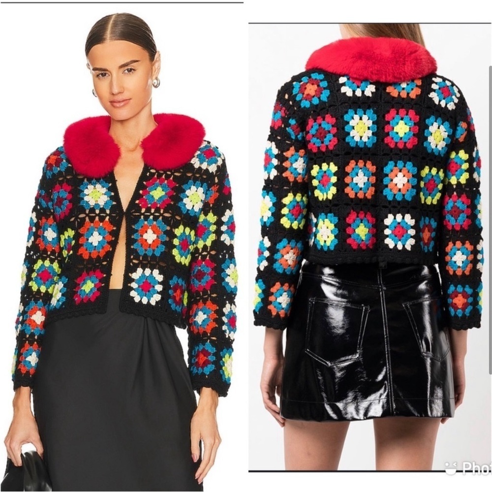 Alice + Olivia Anderson Cropped Cardigan‎ Faux Fur Collar Crochet Sz XS Granny - Picture 2 of 8